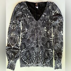 Jean Paul Gaultier Fuzzi black & white mesh fitted top w/ puffed sleeves. XS